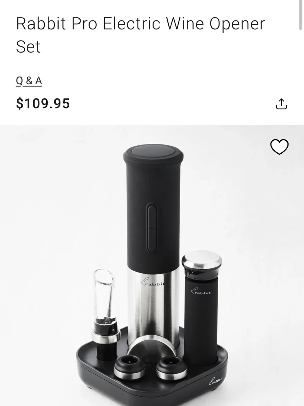 Rabbit Pro Electric Wine Opener Set - Black & Stainless